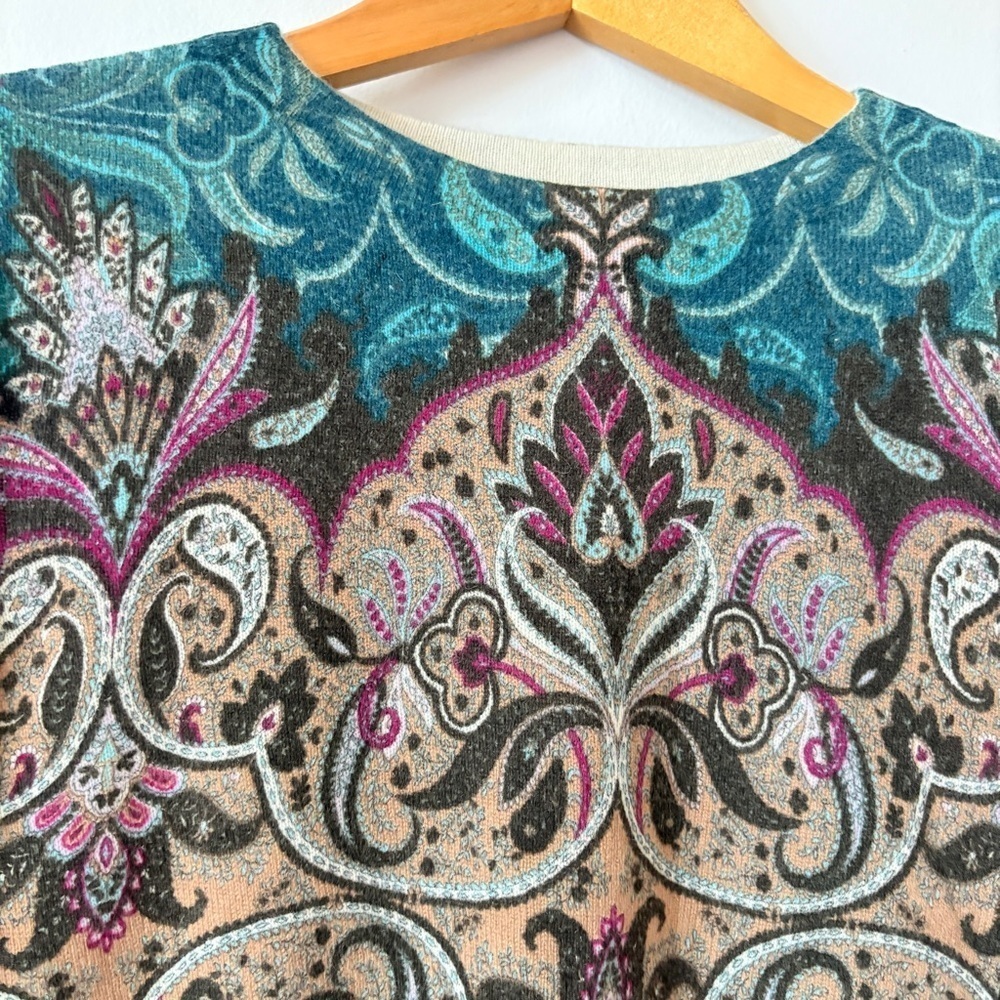 Talbots sz Small CASHMERE SWEATER Audrey Floral PAISLEY brown green crewneck - Picture 4 of 8